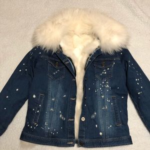 Distressed Denim Jacket with white Fur lining